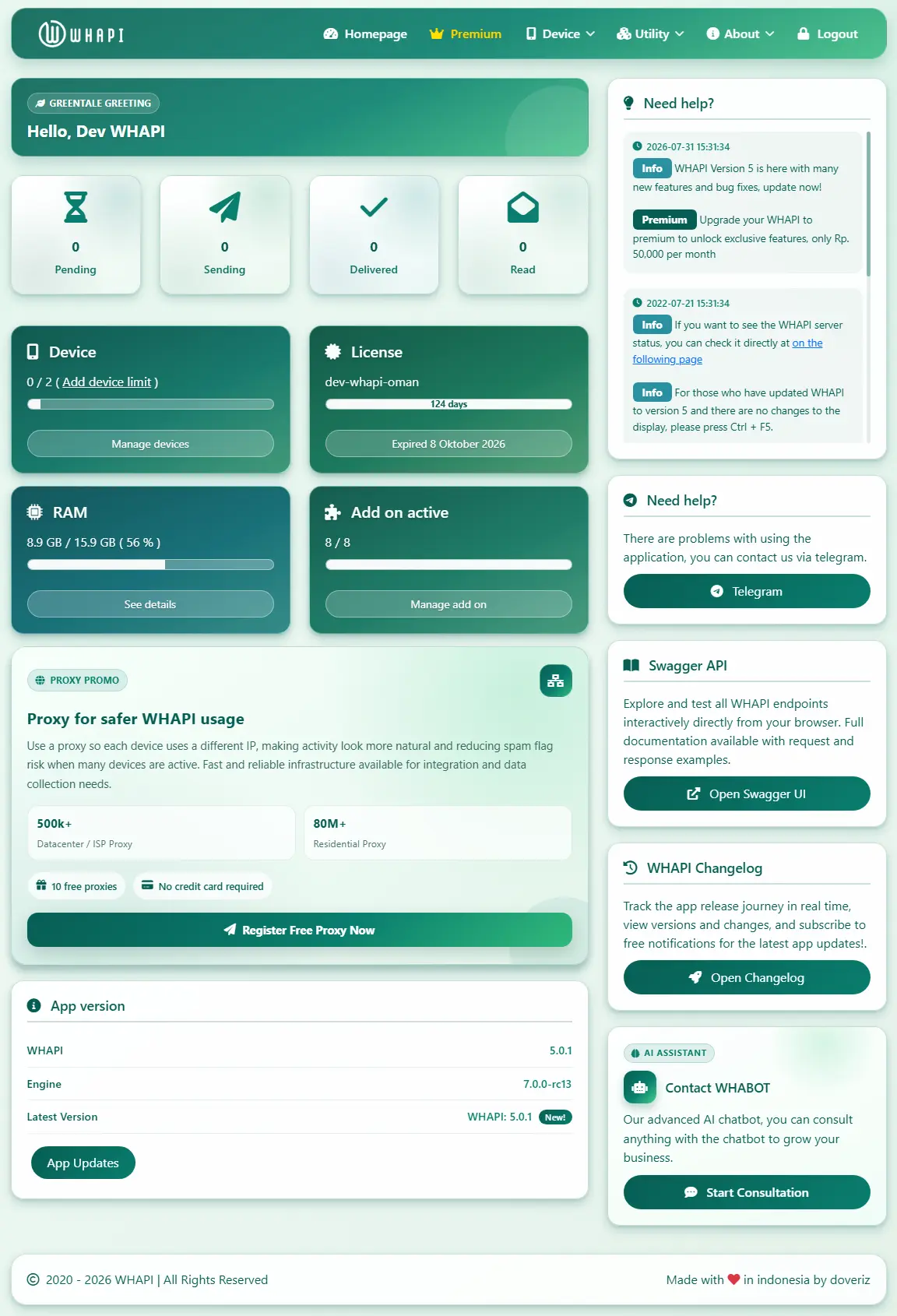 Dashboard aplikasi WHAPI