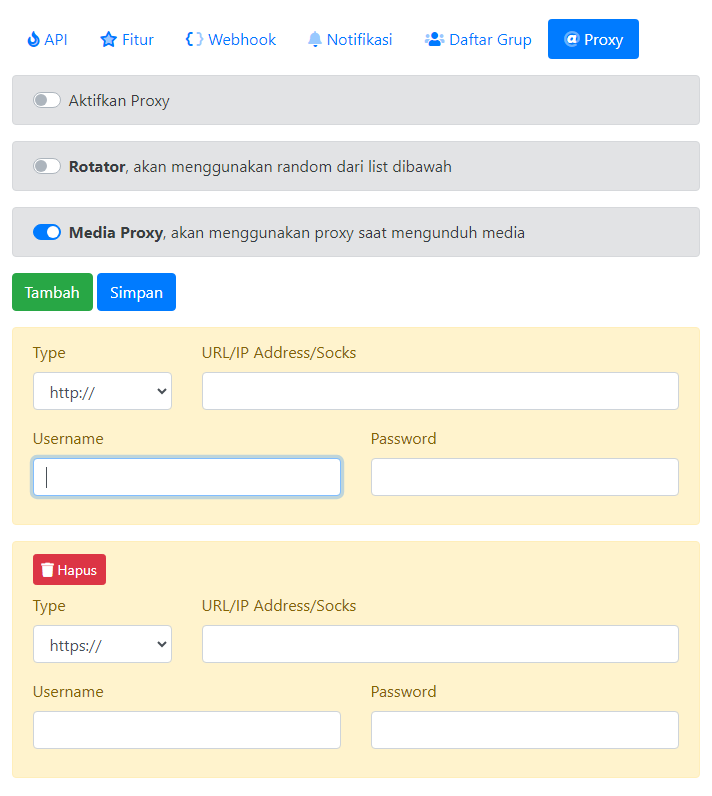 Halaman setting proxy