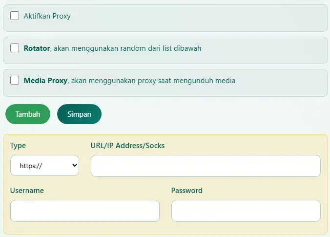 Halaman setting proxy